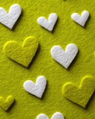 Obraz premium Green matcha powder covers white surface with heart-shaped cutouts, creating playful and romantic layout for product or branding design