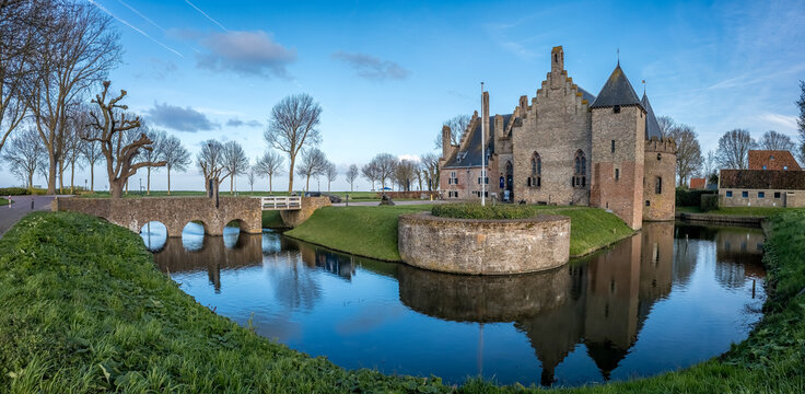 Kasteel Radboud Medemblik Netherlands &mdash; Wide Panoramic Castle Moat Stone Bridge and Water Reflection
