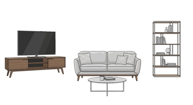 Modern living room furniture set with sofa, TV stand and bookshelf illustration.