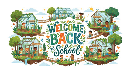Fototapeta premium Welcome Back to School: A vibrant and whimsical illustration depicts a charming school setting with greenhouses on floating islands, connected by bridges, celebrating the return of students.