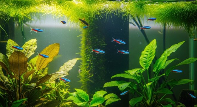 Vibrant Neon Tetras swimming among lush aquatic plants in a freshwater aquarium.
