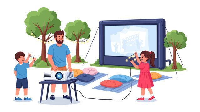Outdoor Cinema Delight: A father and his two children enjoy a magical movie night under the stars, with an inflatable screen, projector.