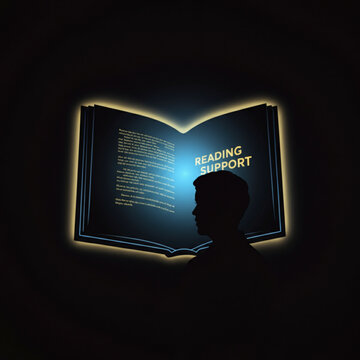 Radiant digital textbook empowering a young reader with vital reading support and knowledge, symbolizing accessible education and learning progress for future generations