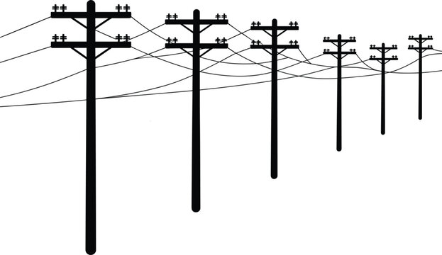 Row of silhouetted utility poles with power lines receding into the distance electricity