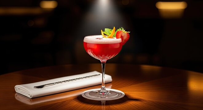 Elegant cocktail in a stemmed glass on wooden table with napkin