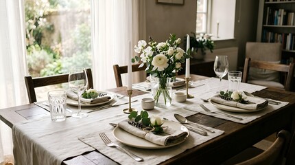 Fototapeta premium Elegant dining table setting with flowers, candles, and natural light