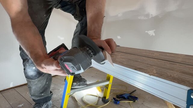 Cutting a plastic corner piece with a multi-tool. A man's hands hold a multi-tool circular saw. Close-up of the cutting object, viewed from above. Cutting materials at a construction site. Home improv