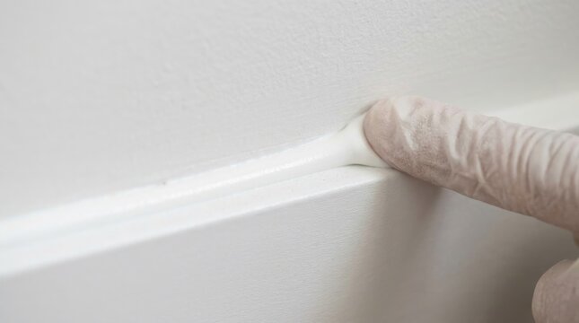 Close-up of gloved hand applying sealant to a wall seam