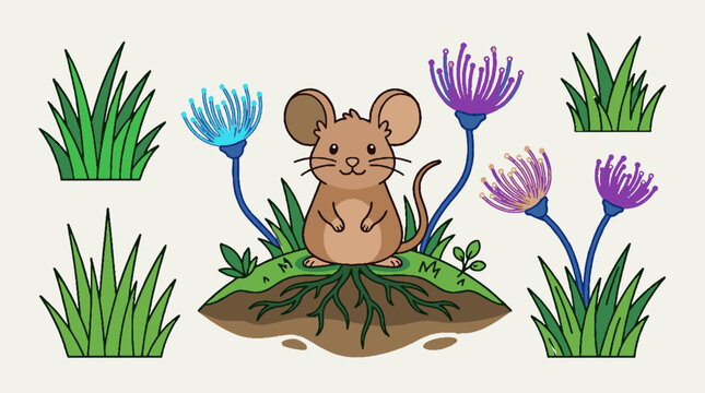 Cute cartoon mouse standing in a meadow with flowers and grass.