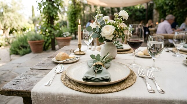 Elegant outdoor dining table setting with floral arrangement
