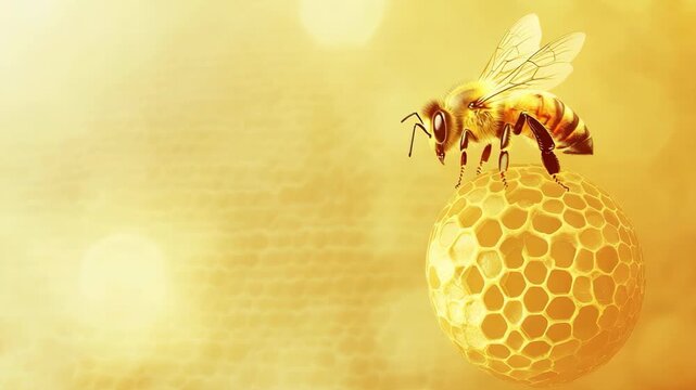 Two bees move around a honeycomb at their hive. They collect pollen and work together to produce honey. Bright light gives the area a warm look