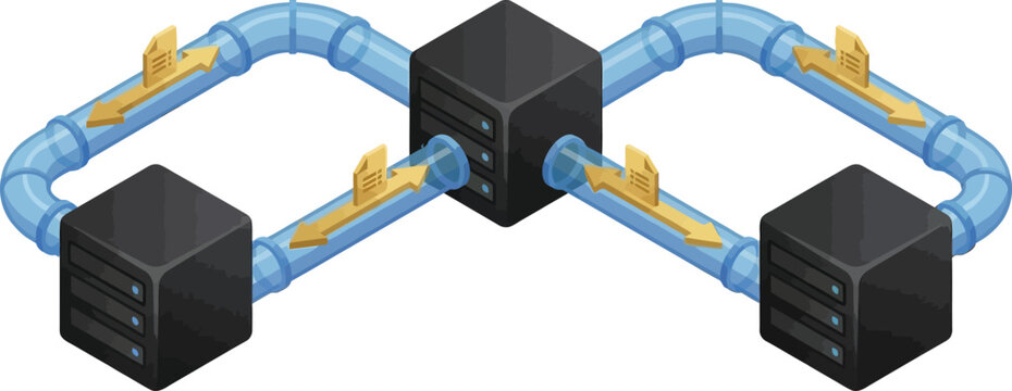Network data flow illustration isometric servers connected by pipes with directional arrows concept for data transfer and system architectur