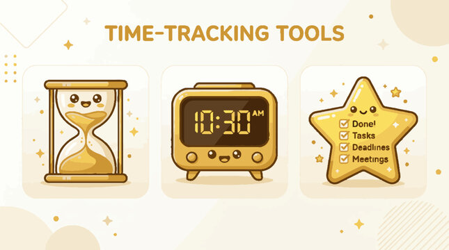 Cute Cartoon Time Tracking Tools Set Including Hourglass Alarm Clock and Checklist Star.