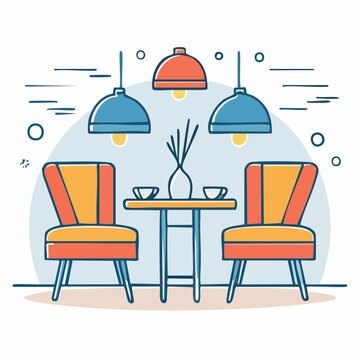 Cozy Cafe Seating Arrangement with Chairs, Table, and Lamps