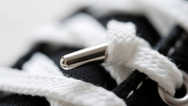 osmium. Polished metal aglet at the end of a white shoelace with metallic texture. lifestyle magazines, social media lookbooks, designed for lifestyle magazines and social media content.