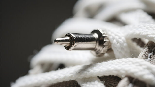 osmium. Polished metal aglet at the end of a white shoelace with metallic texture. lifestyle magazines, social media lookbooks, designed for lifestyle magazines and social media content.