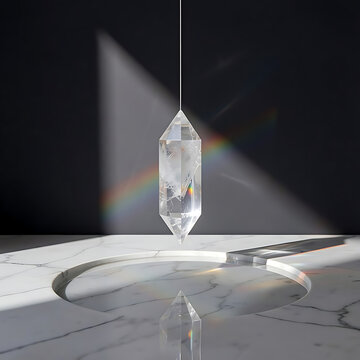 A prism hanging on a thin transparent thread over a pool of water on a black marble surface. Rainbow reflection on the wall.
