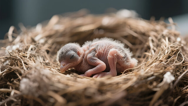 featherless. A featherless newborn hatchling curled in an empty nest, soft natural light. wildlife magazines, conservation campaigns, designed for wildlife conservation campaigns.
