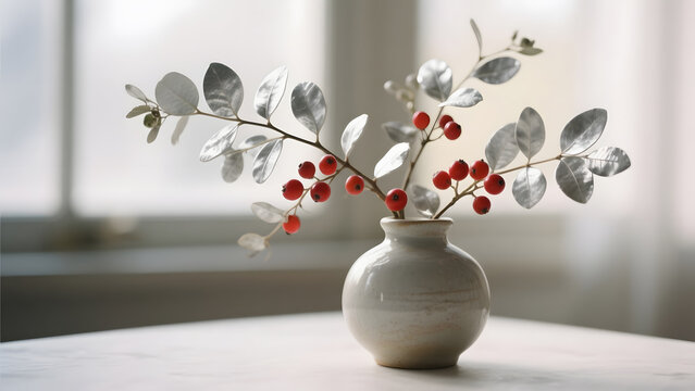 colorimetry. Silverberry branches with silvery leaves and red berries in a ceramic vase. gardening catalogs, home-decor guides, designed for home decor and floral branding, used by sports marketers.