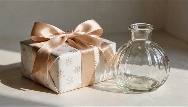 Square gift box with snowflake pattern and silk ribbon next to round glass vase for winter holiday and luxury celebration