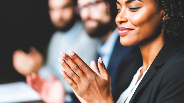 Diverse group of professionals clapping and smiling in appreciation with clapping, applause