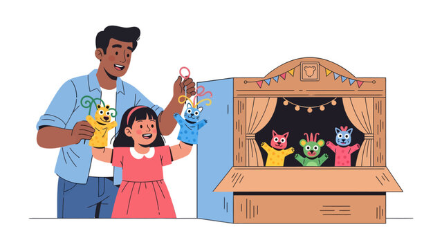 Father and Daughter Puppet Show: A father and daughter joyfully engage in a puppet show, using colorful hand puppets to create a playful and imaginative scene within a homemade stage.