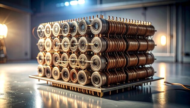 Close-up of vintage magnetic core memory with ferrite rings and wired grid