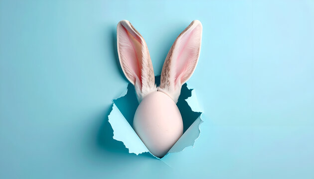 Easter Bunny Egg Peeking Through Torn Blue Paper Background.