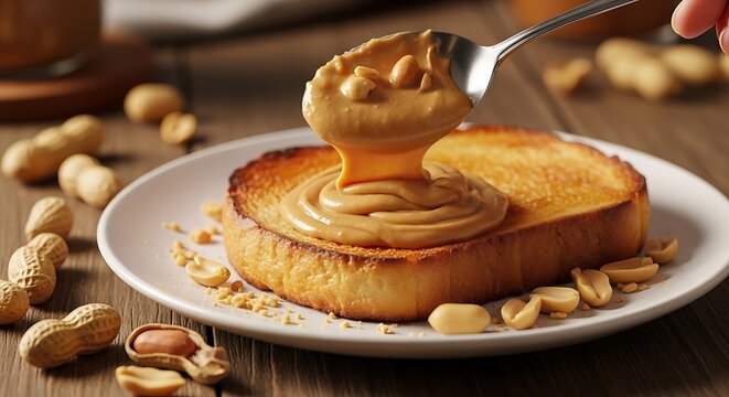peanut butter on toasted bread with peanuts on a wooden table. burro arachidi