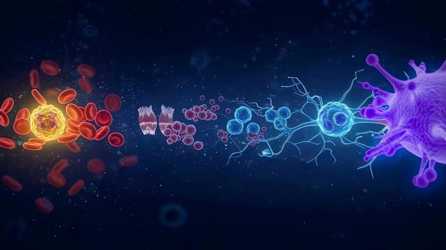 Microscopic view of cell interaction and viral infection. Animation of biological transformation showing blood cells and pathogens in a complex medical environment.