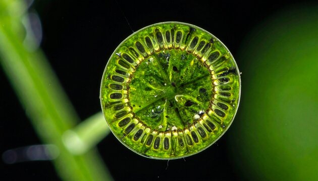 Close-up macro of hornwort chloroplast cross-section in bright green detail