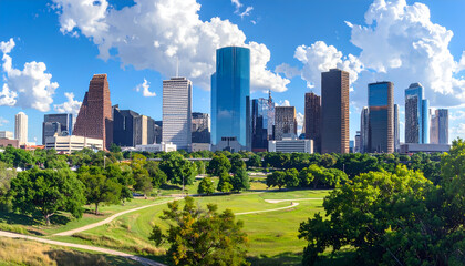 Obraz premium Houston Texas Skyline with Lush Green Park and Blue Sky.