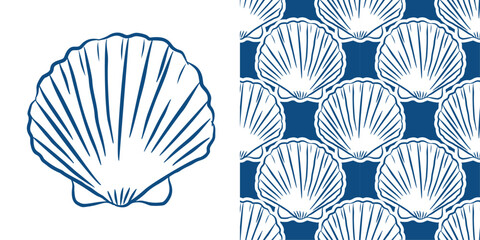 Set of scallop seashell icon and seamless wave pattern in blue and white. Indigo blue scallop clam line art. Elegant Mediterranean doodle style, for nautical textiles, bedding, and summer branding. © Aikaterini