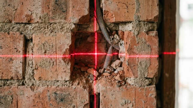 Laser level on brick wall during home renovation, showing concealed wiring