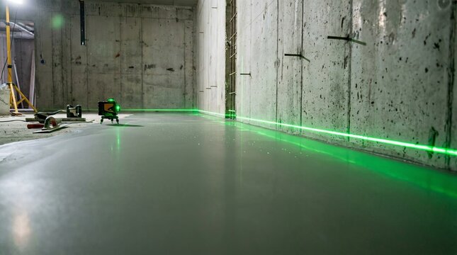 Concrete floor leveling with laser screed in unfinished building