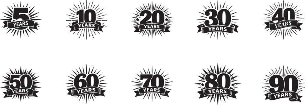 Retro anniversary stamp icon set with vintage celebration badges isolated on white background.