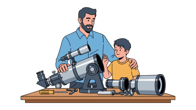 Father and Son with Telescopes: A father and son are assembling and examining telescopes on a wooden table, surrounded by tools, symbolizing a shared interest in science and discovery.