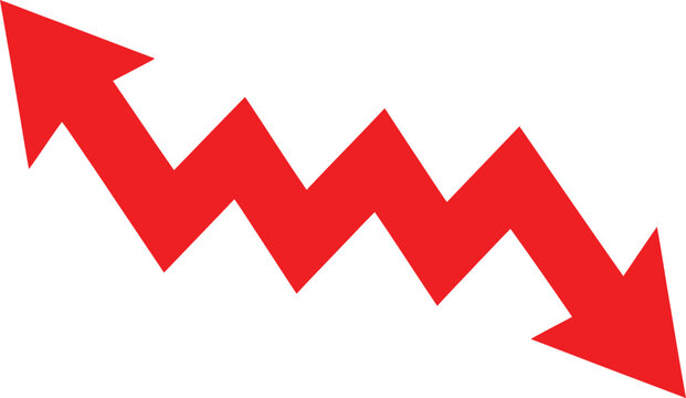 Red zigzag arrow pointing up and down representing stock market trend vector icon.