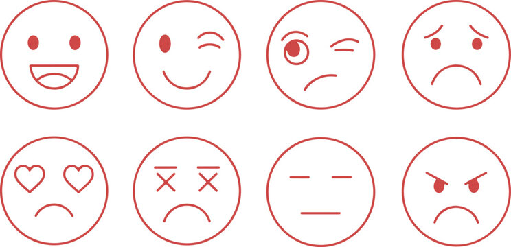 Of eight different facial expressions in red line on white background, face emotion anger sadness