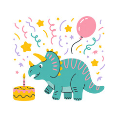 Cute cartoon triceratops dinosaur celebrating birthday with cake balloon and confetti, vector illustration © APU