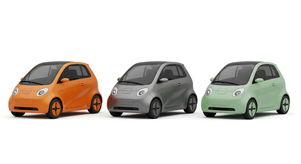 Fototapeta premium Three small compact cars in different colors: orange gray green with mini cars electric cars city cars orange car eco friendly white background personal vehicle automobiles vehicles mobility