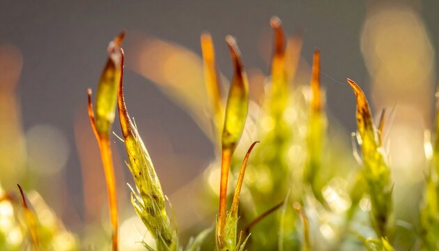 Close-up macro of Polytrichum commune moss with hair-like leaf tips in soft light