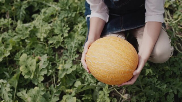 Farmer hands holding ripe yellow melon in sunlit field among green plants motion footage.
