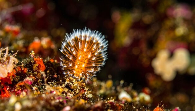 Close-up macro of fireworm with white bristles on coral reef