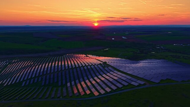 Sunlight shines on solar panels during sunset, reflecting on water and creating patterns across the land. The sky shows colors as day turns to night.