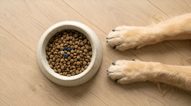 Dog paws near bowl of food, overhead view on wooden surface
