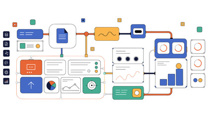 Fototapeta premium A modern conceptual illustration of a digital workflow showing data processing, analytics, and growth for corporate presentations.