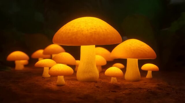 Mushrooms growing in a dark forest with green background lighting featuring nature, fungi, organic with natural and woodland elements for glowing,