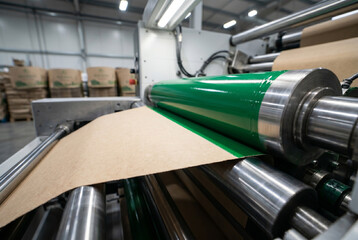 Obraz premium A green roller applies ink to a sheet of cardboard in a factory. Machines and tools surround the production area. This scene shows the printing process in full operation.