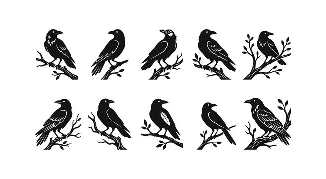 Set of black crows perched on branches silhouette, icon vector